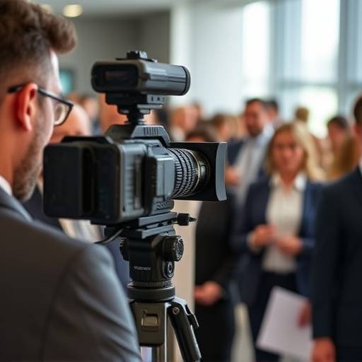 Cámara grabando un evento corporativo con mültiples asistentes.