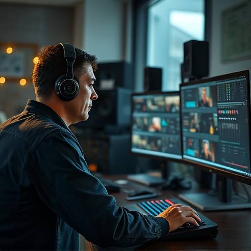 Editor de video trabajando en la edición de un proyecto en su estación de trabajo.