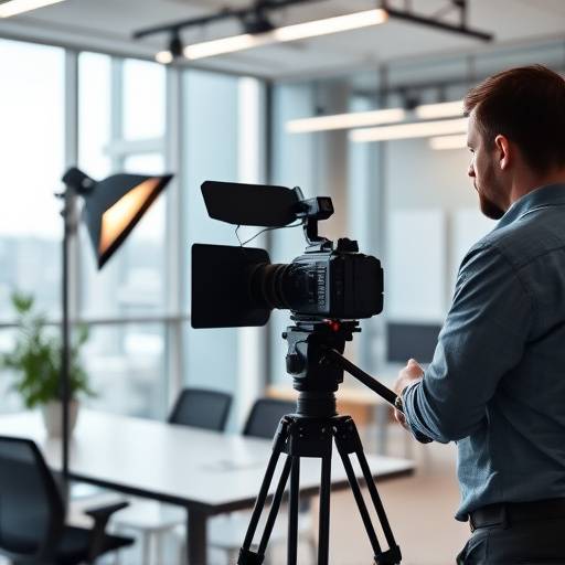 Equipo filmando un video corporativo en una oficina moderna.