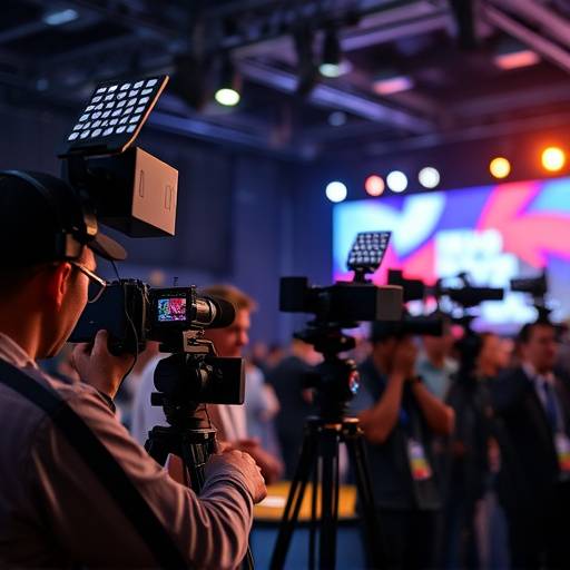 Equipo transmitiendo un evento en vivo con mültiples cámaras y micrófonos.